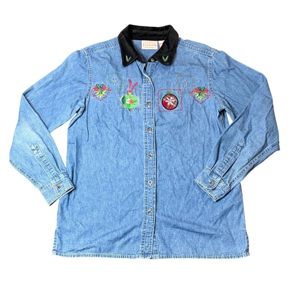 VTG Holiday Denim Shirt Women S‎ 18x26 Christmas Embroidered Velvet Collar 90s